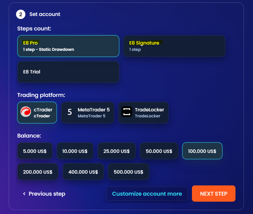 các gói E8 markets